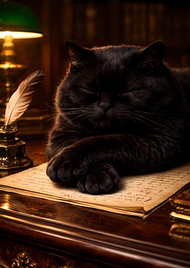 Chubby Black Cat Sleeping on Royal Writing Desk