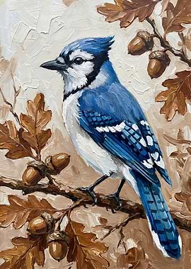 Blue Jay on Oak Branch with Acorns