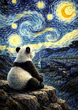 Panda Gazing at Starry Night Sky