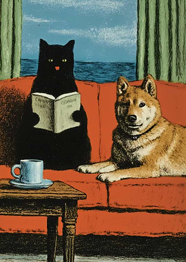 Cat Reading Book with Dog on Couch