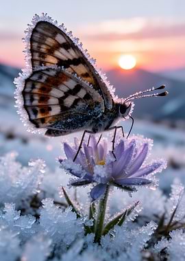 Butterfly on frosted flower at sunrise
