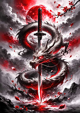 Dragon and Katana Under Red Moon