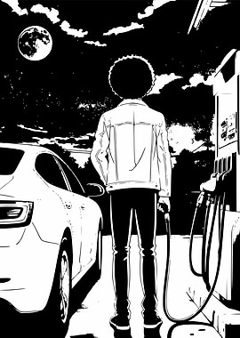 Man refueling car under the moon