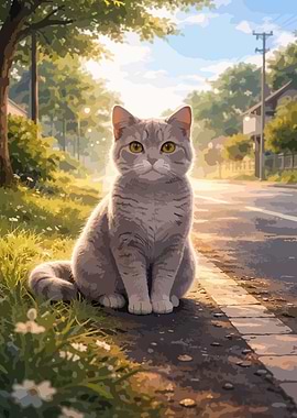Cute Cat Sitting by the Road