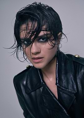sasha calle in black leather jacket with wet hair