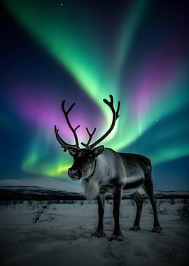 Reindeer Under Aurora Borealis