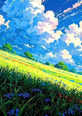 Vibrant Meadow Under a Dramatic Sky