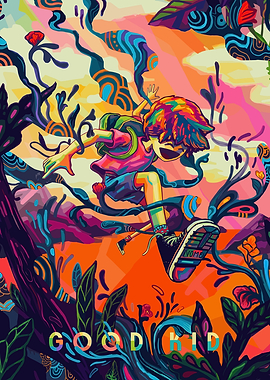 Good Kid Jumping Through Abstract Landscape