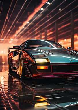 Sports Car in Neon Garage