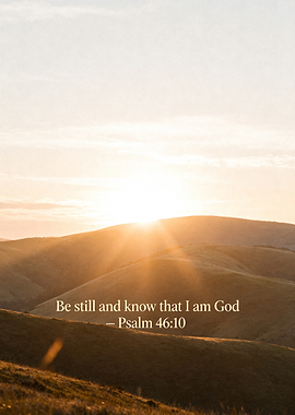 Sunrise over rolling hills with scripture