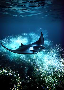 Manta Ray Swimming in Bioluminescent Water