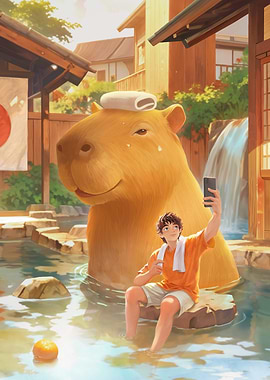 Capybara Onsen Selfie – Cozy Japanese Hot Spring Illustration