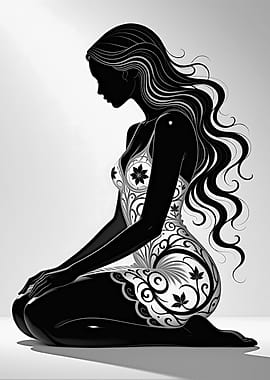 Black Silhouette Kneeling Floral Woman