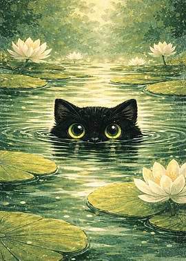 Black Cat in a Lily Pond