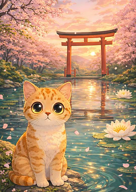 Cute Cat by Japanese Torii Gate