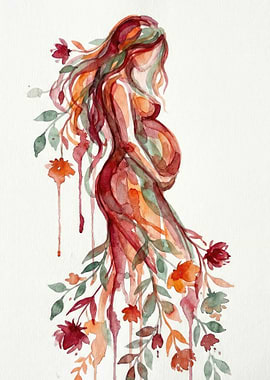 Watercolor Pregnant Woman with Flowers