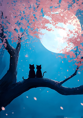 Two cats under a cherry blossom tree