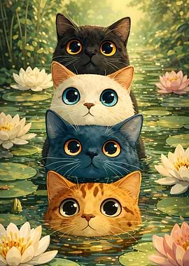 Cute Cats in Water Lilies