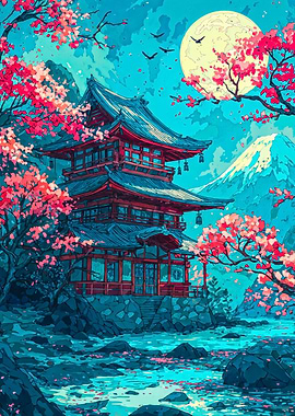 Vibrant Japan Temple Cherry Moon