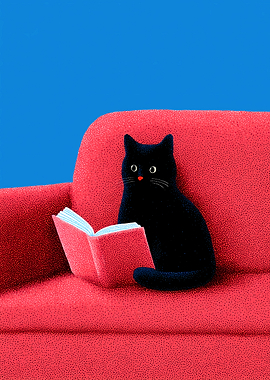 Black cat reading a book on a couch
