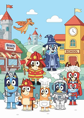 Bluey characters in costumes with castles and school