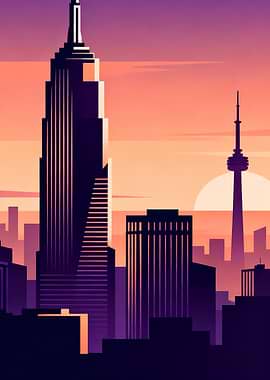 Stylized City Skyline at Sunset