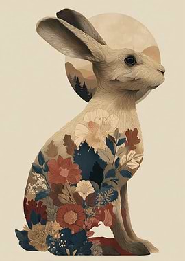 Floral Rabbit with Moon and Mountains