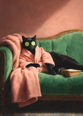 Elegant black Cat relaxing on a sofa