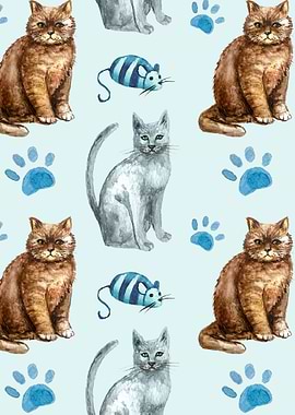 Watercolor Cats and Toys Pattern