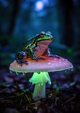 Frog on glowing mushroom