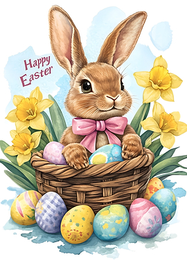 Easter Bunny with Decorated Eggs Watercolor