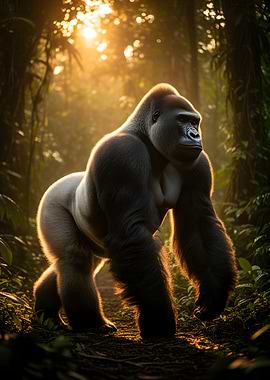 Gorilla in a sunlit jungle