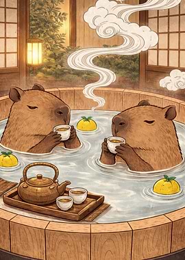 Capybaras Enjoying a Hot Spring