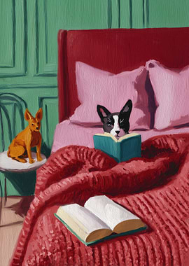 Dogs Reading Books in a Cozy Bedroom