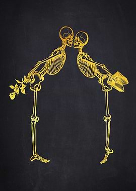 Golden Skeletons Kissing with Rose
