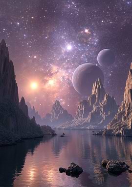 Alien Planet Landscape with Planets and Stars