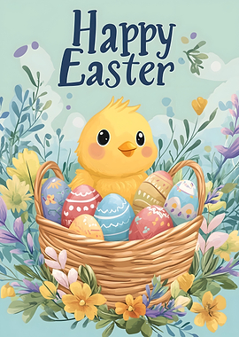 Happy Easter Chick and Eggs