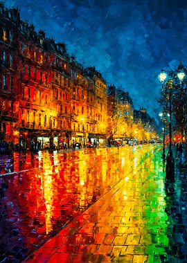 Parisian Night Rain Impressionist Painting