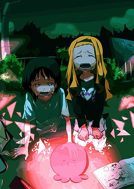 Two crying anime girls with a pink orb