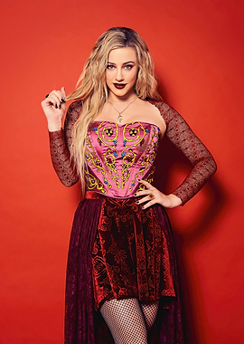lili reinhart in elaborate costume on red background