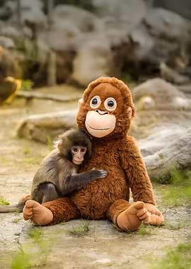 DJUNGELSKOG Little Hugs A Baby Monkey Embracing Its Plush Lookalike