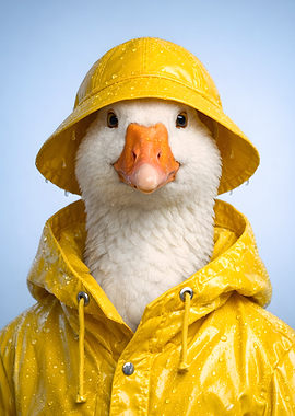 Goose in a Yellow Raincoat and Hat