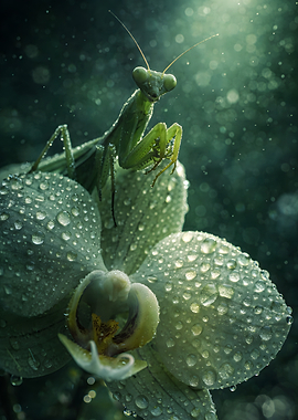 Praying Mantis on Dew-Covered Orchid