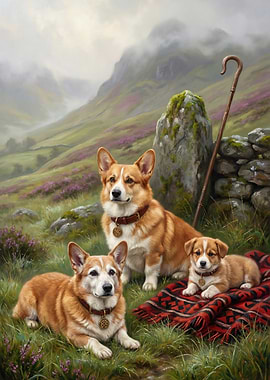 Welsh Corgi Family Pastoral Oil Painting