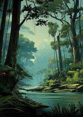 Misty Jungle River Landscape