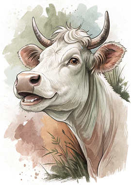 Watercolor Portrait of a White Cow