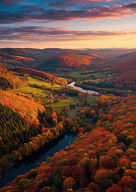 Autumn Valley with River at Sunset Aerial Drone Landscape