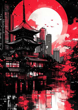Pagoda Cityscape with Red Moon