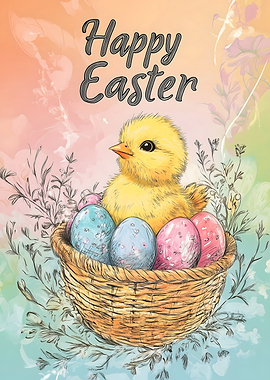 Happy Easter Chick in Basket