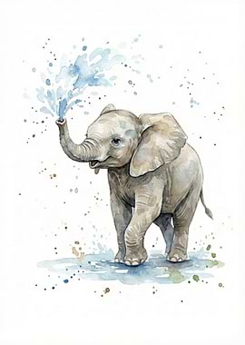 Baby elephant spraying water